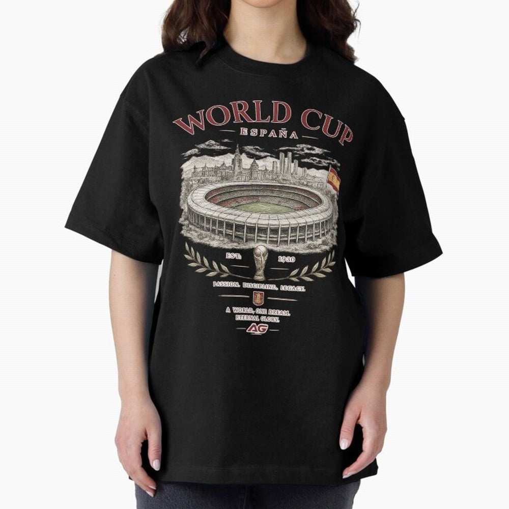 Spain World Cup Vintage Streetwear Oversized T-Shirt Keep Football History Alive during Global Football Passion for FIFA World Cup 2026 Group Stage, Capturing Cristiano Ronaldo, France, Match Day Excitement, Supporter Culture, Golden Goals and
