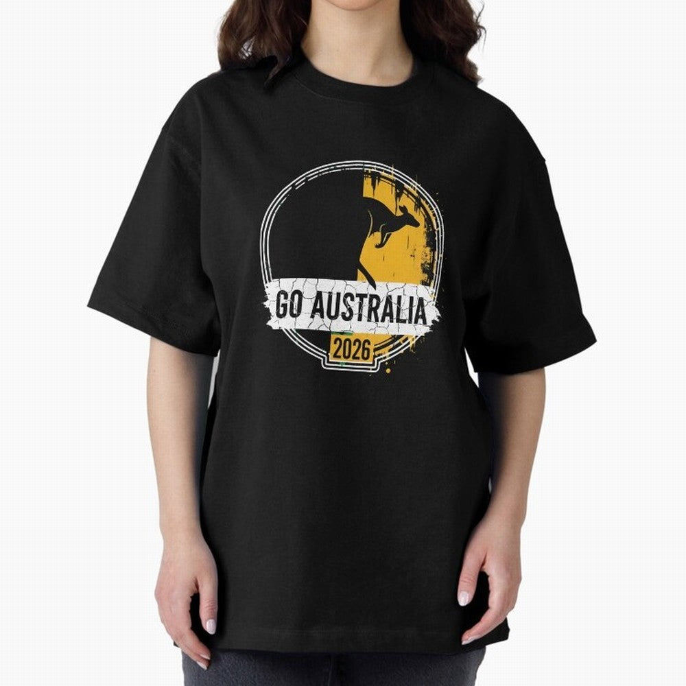 Golden Green Kangaroo Emblem Go Australia 2026 Supporter Design T-Shirt_83662099 Oversized T-Shirt Join Supporters Worldwide for FIFA World Cup 2026 Filled with Messi and Cristiano Ronaldo, England, France and Netherlands Energy, Retro Football