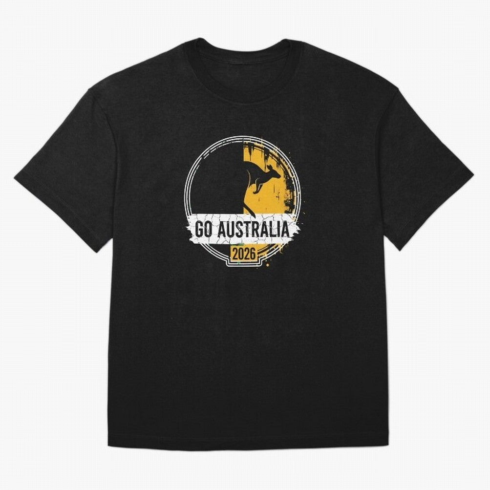 Golden Green Kangaroo Emblem Go Australia 2026 Supporter Design T-Shirt_83662099 Oversized T-Shirt Join Supporters Worldwide for FIFA World Cup 2026 Filled with Messi and Cristiano Ronaldo, England, France and Netherlands Energy, Retro Football
