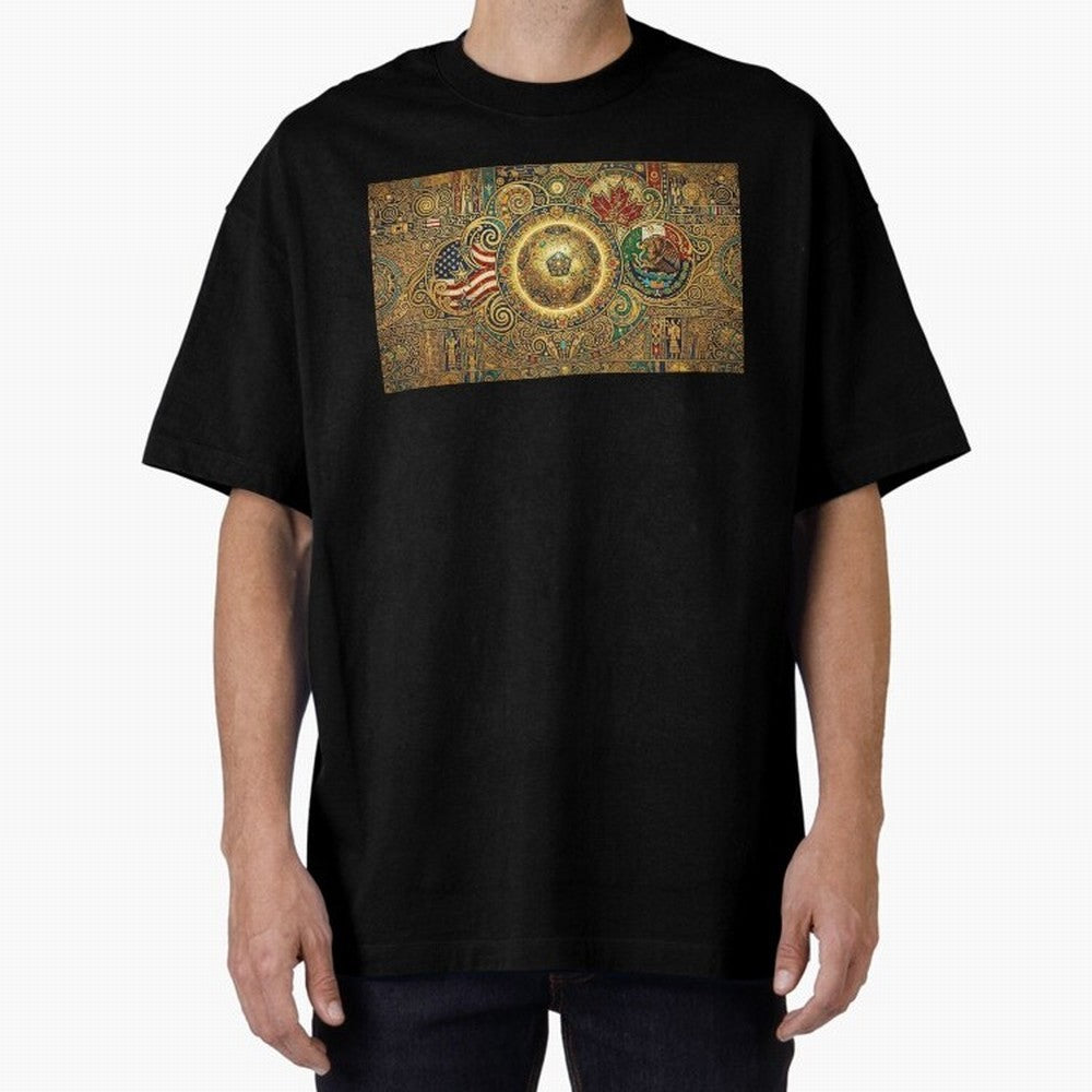 Ornate Soccer Emblem with Flags Oversized T-Shirt Relive Legendary Nights from FIFA World Cup 2026 USA Canada Mexico for Fans of Messi and France, Bringing Sports Nostalgia, International Competition, Famous Players and Unforgettable Victories;