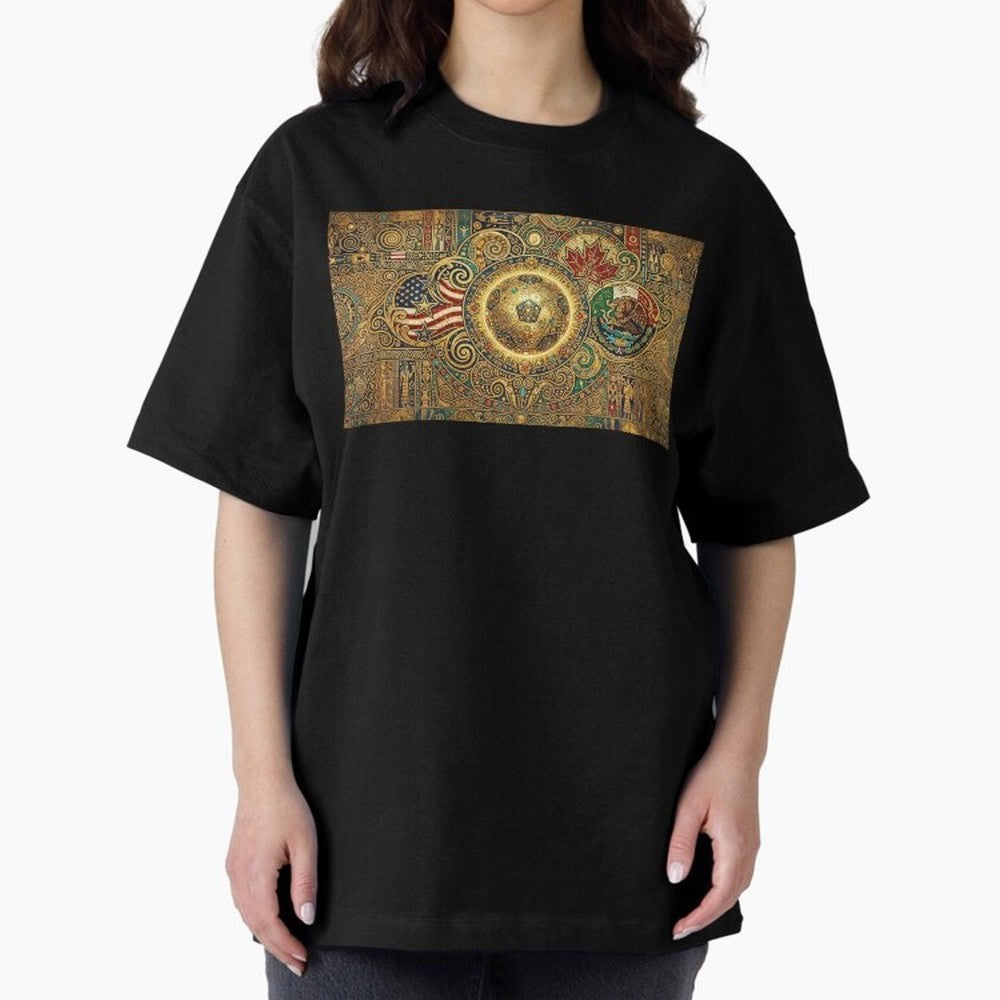 Ornate Soccer Emblem with Flags Oversized T-Shirt Relive Legendary Nights from FIFA World Cup 2026 USA Canada Mexico for Fans of Messi and France, Bringing Sports Nostalgia, International Competition, Famous Players and Unforgettable Victories;