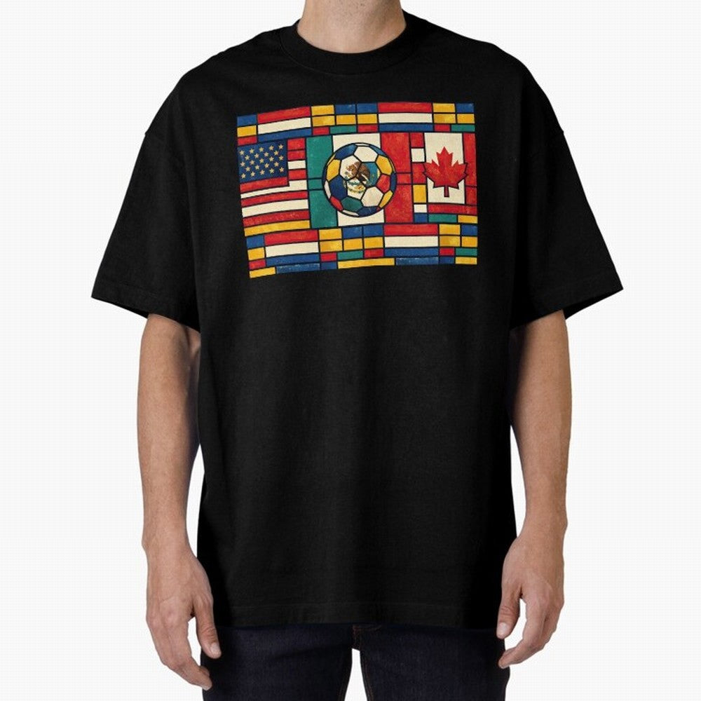 Elegant World Cup Stadiums Geometrical | Soccer Flags Mexico Canada USA Oversized T-Shirt Build Global Football Passion for FIFA World Cup 2026 Group Stage, Built around Messi and Cristiano Ronaldo, France, Champion Mindset, Group Stage Buzz,