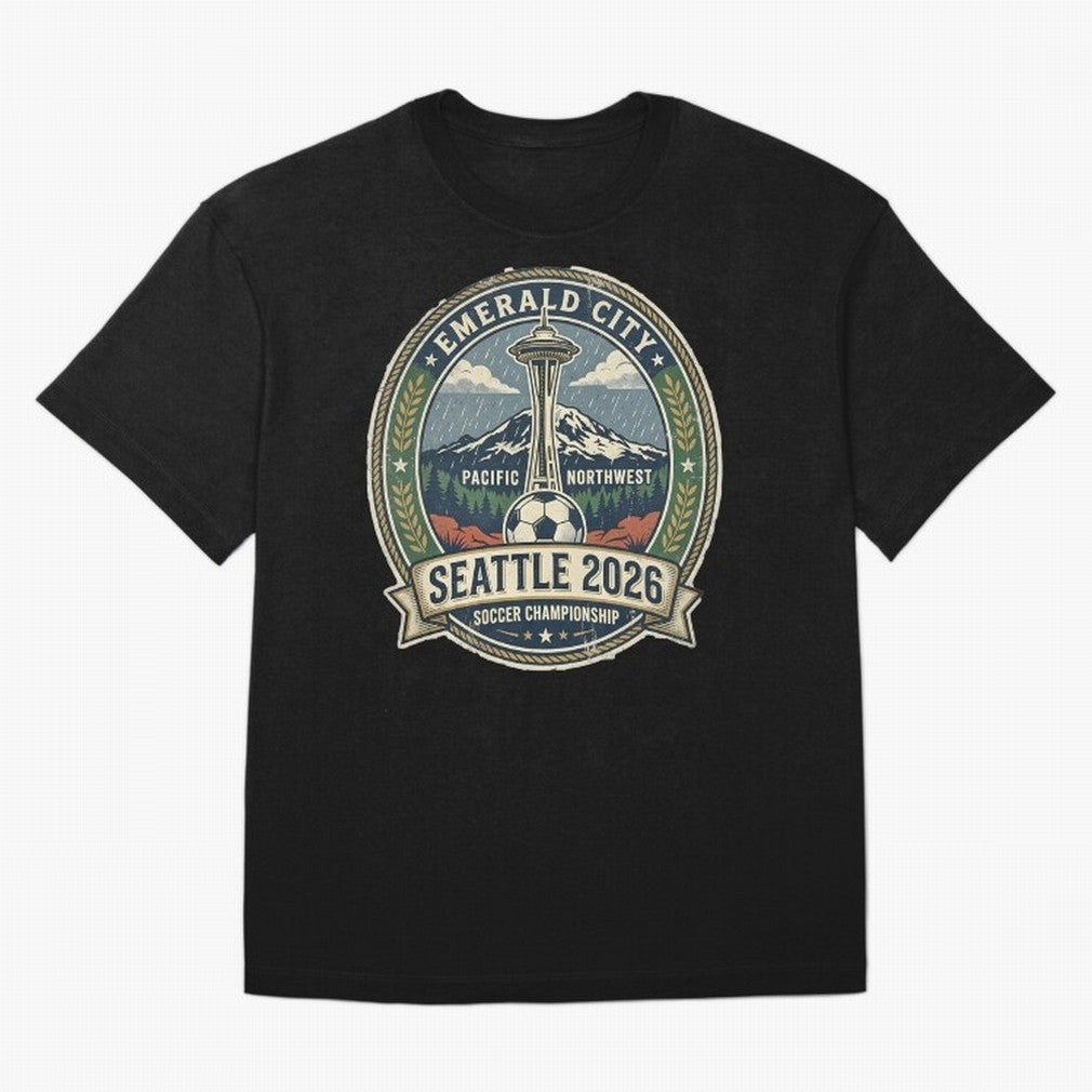 Seattle 2026 World Cup Host City Vintage Football Badge ¡ª Emerald City Space Needle Soccer Oversized T-Shirt Celebrate Unforgettable Nights in FIFA World Cup 2026 for Fans of Mbappe and Neymar and Spain and Netherlands, Bringing Championship
