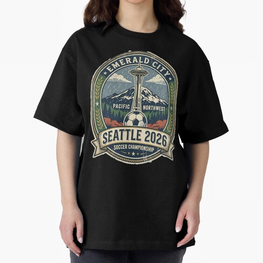 Seattle 2026 World Cup Host City Vintage Football Badge ¡ª Emerald City Space Needle Soccer Oversized T-Shirt Celebrate Unforgettable Nights in FIFA World Cup 2026 for Fans of Mbappe and Neymar and Spain and Netherlands, Bringing Championship
