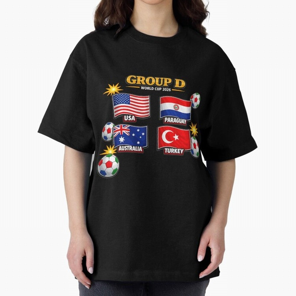 Group?D?¨C?World?Cup?2026?Flags Oversized T-Shirt Stand with FIFA World Cup 2026 Spirit, Highlighting Spain, Haaland and Mbappe, Fan Favorite Moments, National Team Passion, Big Match Drama and Soccer History; Ideal for Football Dads, Football