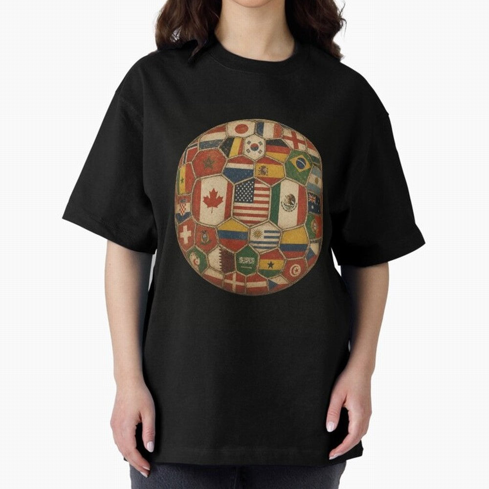 Vintage World Flags Soccer Ball,2026 International Football Graphic Gifts Tee Oversized T-Shirt Celebrate Football Heritage in the FIFA World Cup 2026 Group Stage Journey through Neymar Highlights, England and Germany Pride, Football History, Final