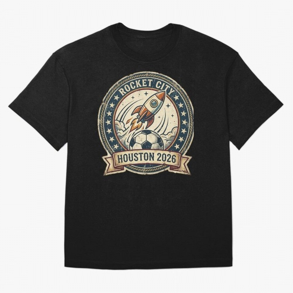 Houston 2026 World Cup Host City Vintage Football Badge ¡ª Rocket City Space Soccer Crest Design Oversized T-Shirt Show Match Day Excitement for FIFA World Cup 2026 Group Stage Capturing Messi and Cristiano Ronaldo, Portugal, Spain and Germany