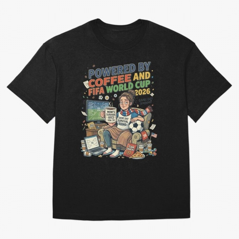 Soccer Mom Powered By Coffee And FIFA World Cup 2026 Funny USA Football Design Oversized T-Shirt Show Match Day Excitement for the FIFA World Cup 2026 Group Stage Journey through Messi, Neymar and Mbappe Highlights, Brazil, Portugal and Argentina