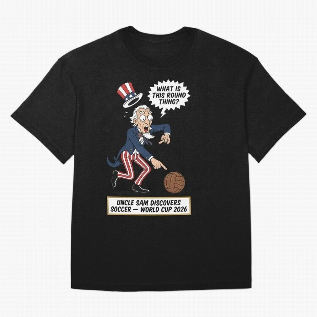 Uncle Sam Discovers Soccer ¡ª V4 Oversized T-Shirt Celebrate Soccer Greatness during Global Football Passion for FIFA World Cup 2026, Highlighting Cristiano Ronaldo, Brazil, Fan Favorite Moments, National Team Passion, Big Match Drama and Soccer