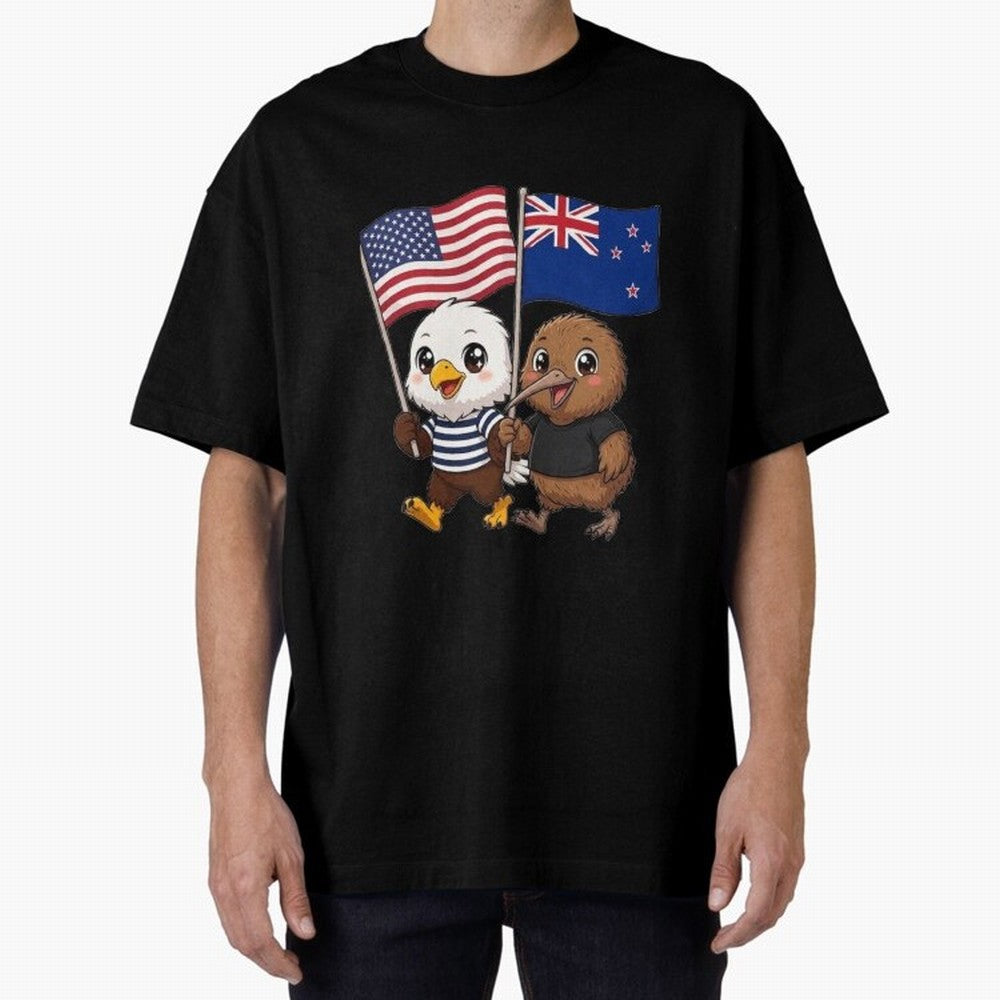 the American eagle and its friend the New Zealand kiwi Oversized T-Shirt Honor Football Greatness during FIFA World Cup 2026 Group Stage Spirit, Built around Brazil, Haaland and Mbappe, Championship Spirit, Famous Goals, Roaring Crowds and