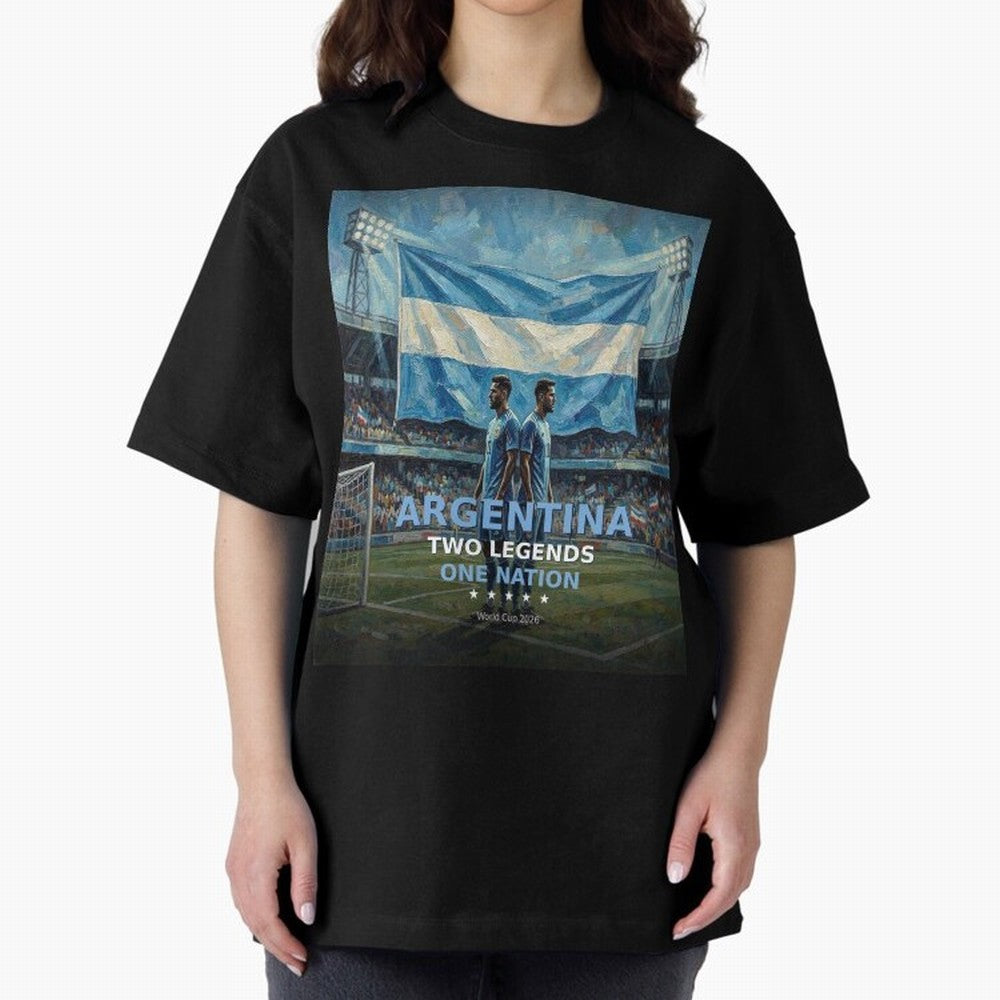 Argentina Two Legends One Nation - World Cup 2026 Soccer Fan Tee Oversized T-Shirt Carry National Pride through FIFA World Cup 2026 USA Canada Mexico Capturing Haaland and Mbappe, Argentina and Brazil Energy, Match Day Excitement, Supporter