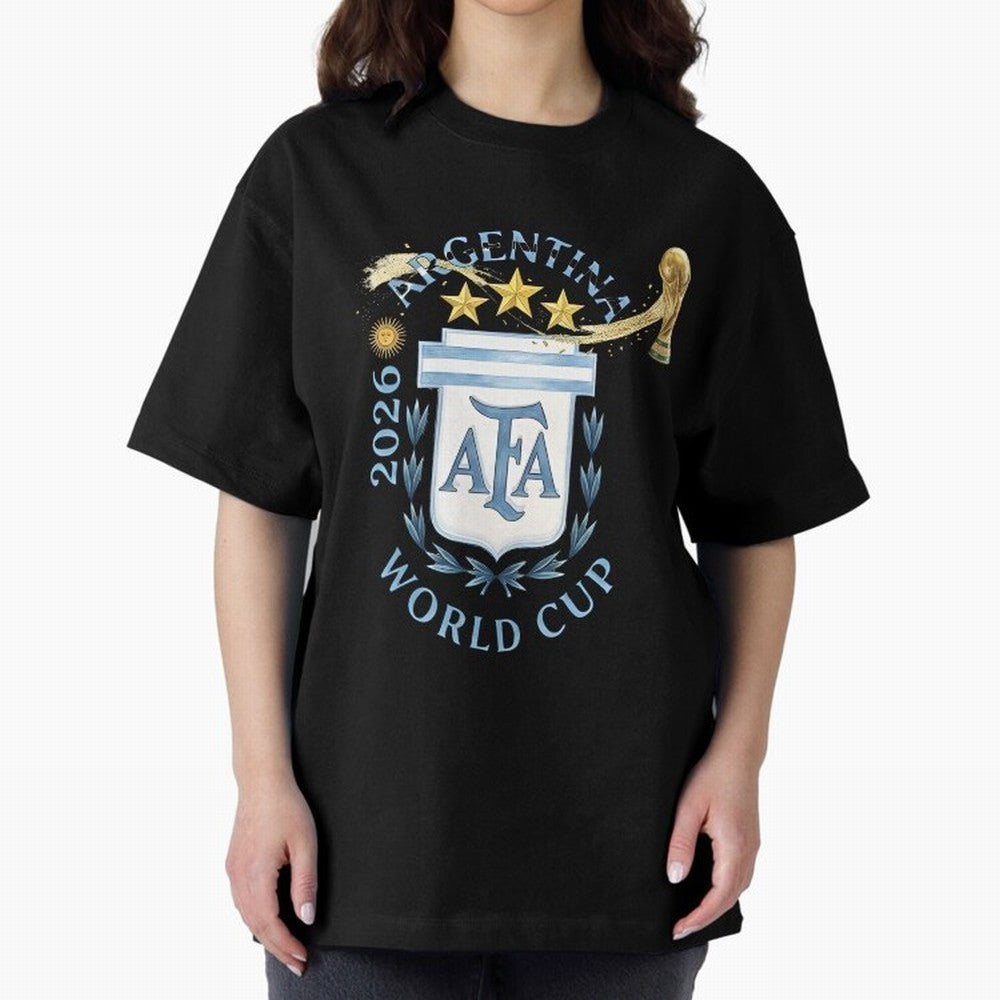 Argentina Football Champion World Cup 2026 - Gold Stars Watercolor Oversized T-Shirt Unlock Global Football Passion for FIFA World Cup 2026 USA Canada Mexico, Driven by Messi, Germany, Worldwide Fan Energy, Dramatic Goals, Stadium Lights and