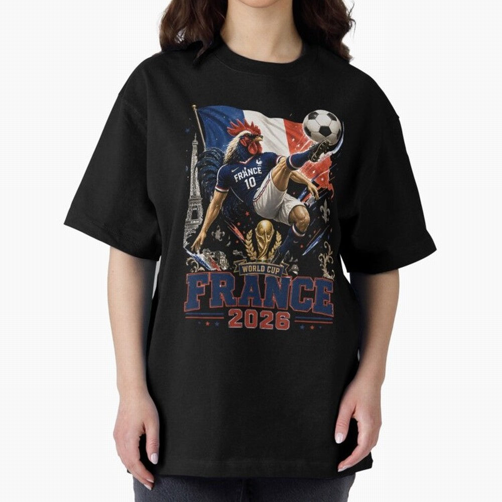 France Football World Cup 2026 Retro Rooster Kick - Les Bleus Oversized T-Shirt Relive Legendary Nights from FIFA World Cup 2026 Group Stage Inspired by Messi, Neymar and Mbappe, France and Portugal Energy, Match Day Excitement, Supporter Culture,