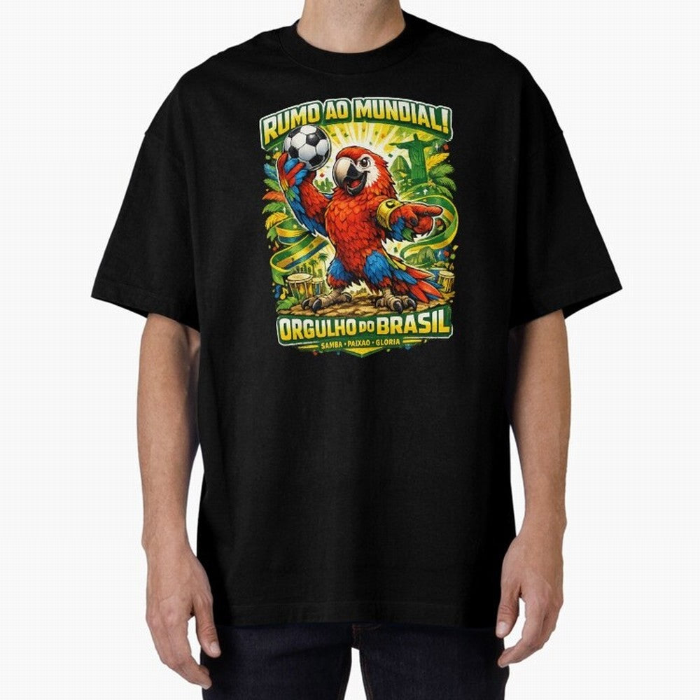 Brazil World Cup 2026 Macaw Fan Art Oversized T-Shirt Turn Every Weekend Toward FIFA World Cup 2026 for Fans of Messi, CR7 and Mbappe and France and Portugal, Bringing Vintage Soccer Flavor, Modern Football Stars, National Flags and Final Night