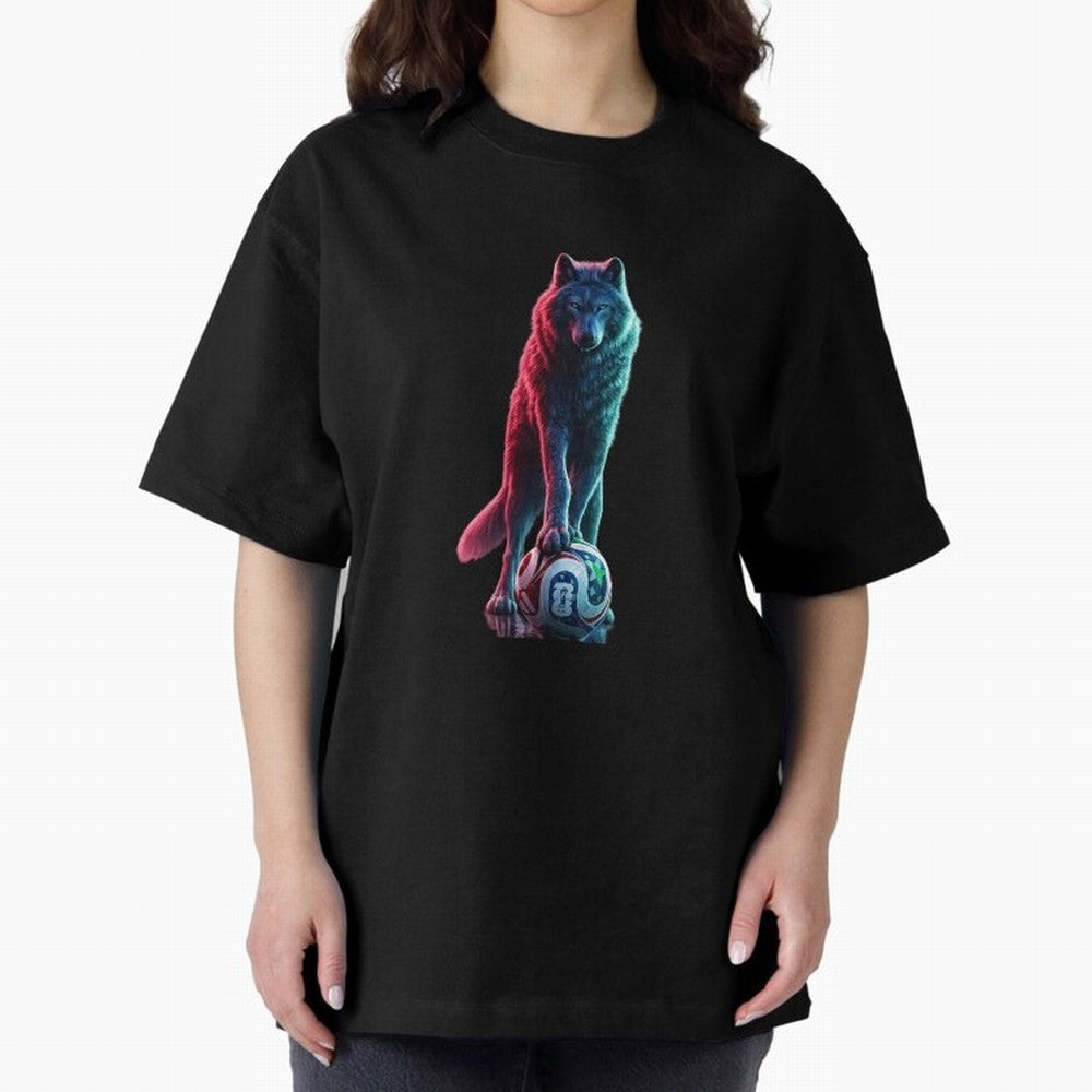 Neon Alpha Wolf with Soccer Ball | Futuristic Sports Fantasy Art Oversized T-Shirt Make Game Day About FIFA World Cup 2026 for Fans of Messi and England, Bringing Fan Favorite Moments, National Team Passion, Big Match Drama and Soccer History;