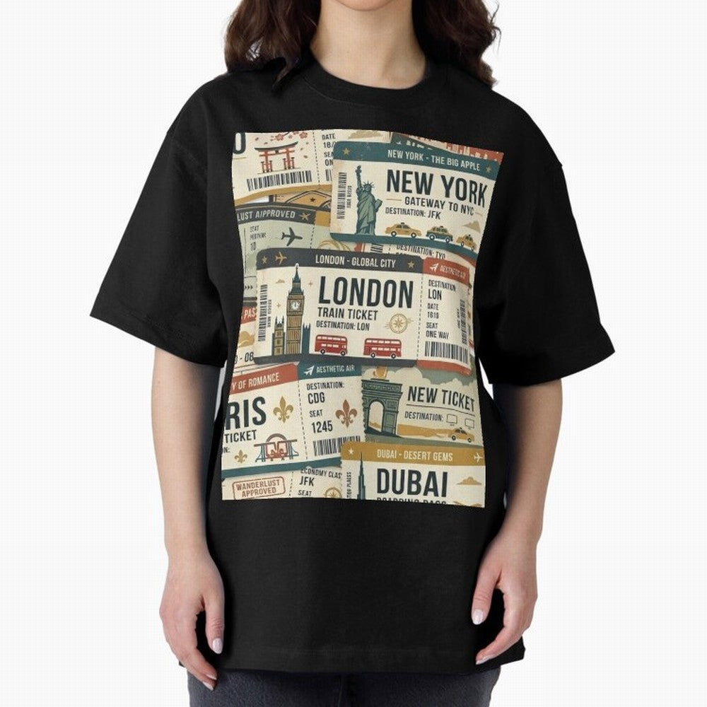 World Travel Ticket Aesthetic Collage Global City Vibes Oversized T-Shirt Join the Countdown to FIFA World Cup 2026 USA Canada Mexico for Fans of Mbappe and England, Bringing Champion Mindset, Group Stage Buzz, Knockout Tension and Passionate Fan
