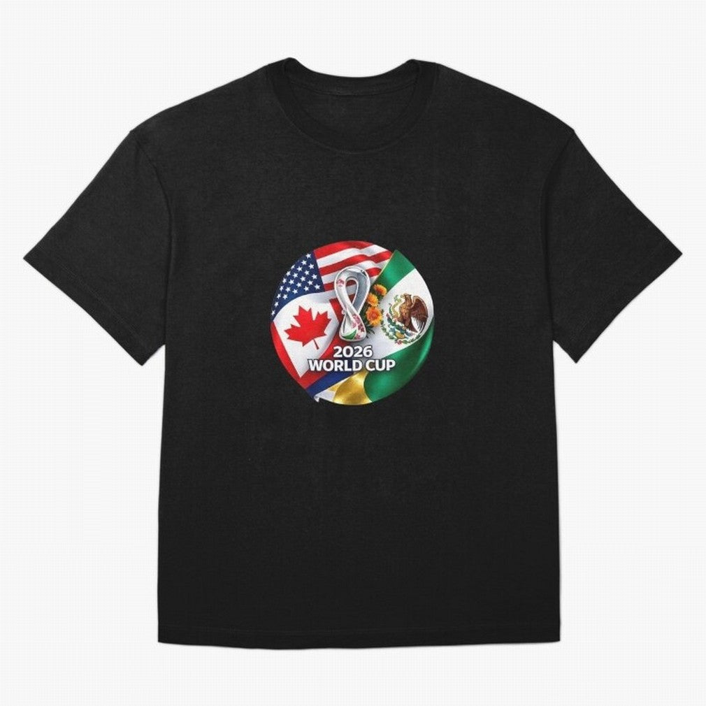 Host Trio Flags Circular Emblem Oversized T-Shirt Celebrate Rivalries and Pride in Match Day Hype around FIFA World Cup 2026, Neymar, Haaland and Cristiano Ronaldo, Portugal, Spain and Germany, Vintage Soccer Flavor, Modern Football Stars, National