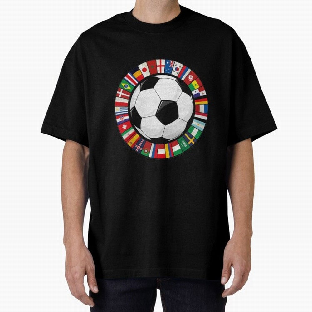 Global Nations Football Circle Art Oversized T-Shirt Cheer for FIFA World Cup 2026 Group Stage Featuring Haaland and Mbappe, Spain Energy, Global Supporter Spirit, Legendary Goals, National Colors and Tournament Celebration; Great for Supporters