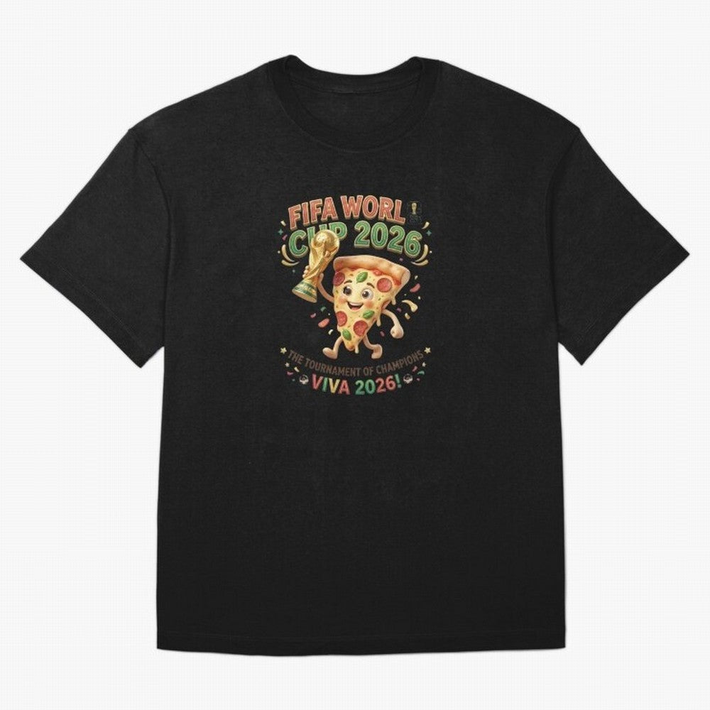 Happy Pizza Character Holding World Cup 2026 Trophy Oversized T-Shirt Discover FIFA World Cup 2026 USA Canada Mexico Inspired by CR7 and Messi, England Energy, Stadium Memories, Football Loyalty, International Chants and Championship Tradition;