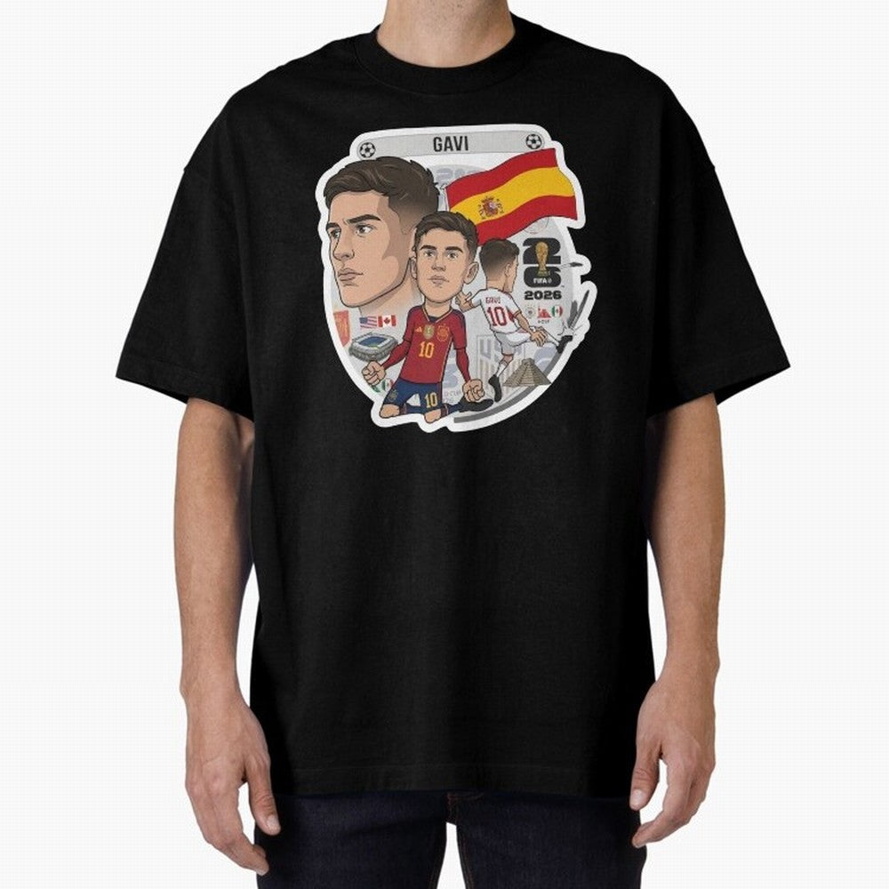 Gavi Spain National Team Football Cartoon Illustration Oversized T-Shirt Join the Countdown to the FIFA World Cup 2026 Group Stage Journey through Neymar, Haaland and Cristiano Ronaldo Highlights, Brazil, Portugal and Argentina Pride, Match Day
