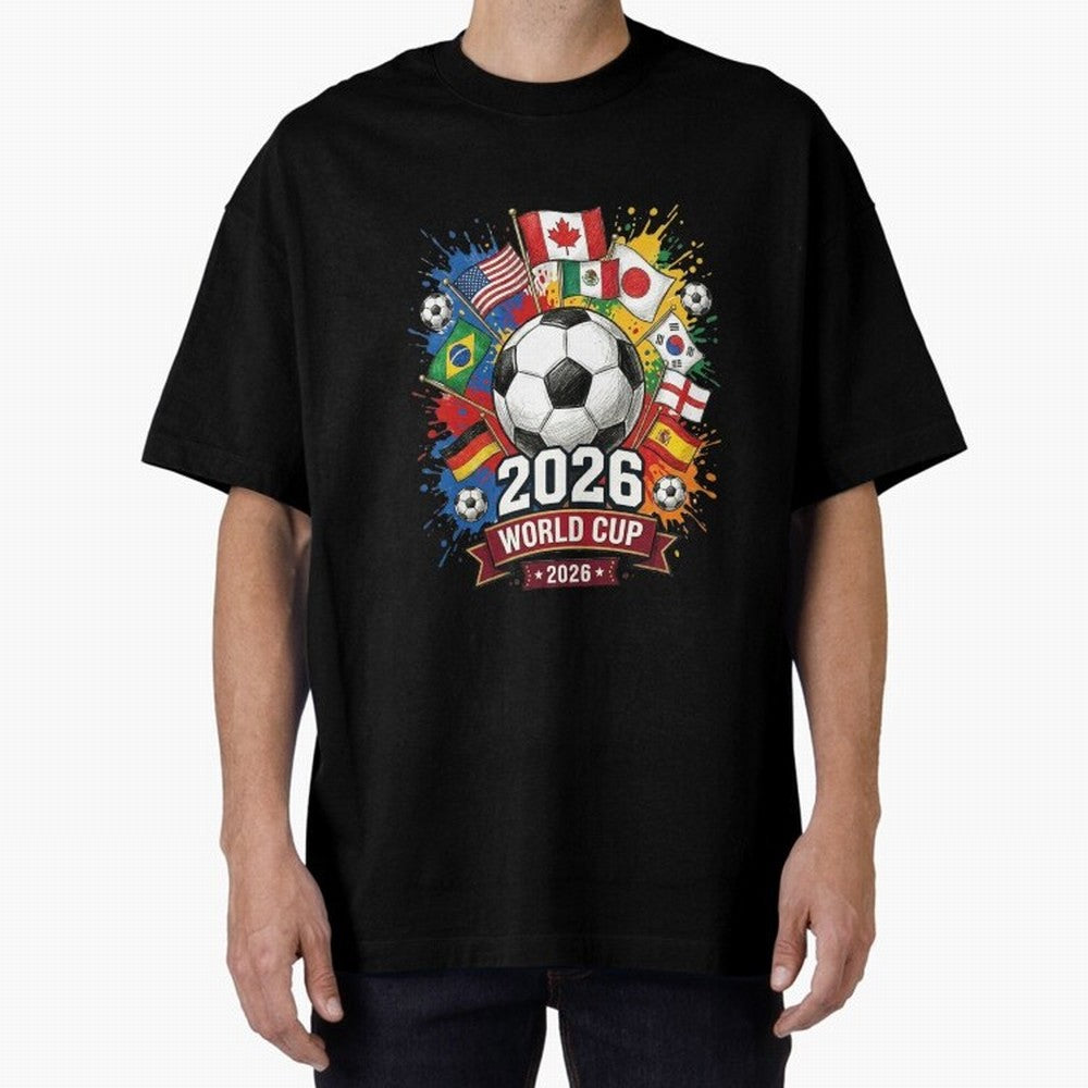 2026 World Cup Soccer Flags Graphic Oversized T-Shirt Stand Out with Spirit from FIFA World Cup 2026 Group Stage Filled with Mbappe and Neymar, Brazil Energy, Game Day Rituals, Football Legends, Country Pride and the Road to the Final; Built for